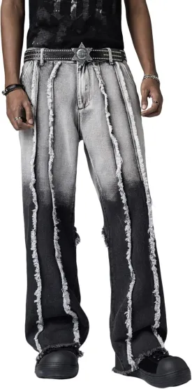 Mens Baggy Jeans Street Rock Style Fringe Frayed Edges Jeans Patchwork Wide Leg Skater Denim Pant
