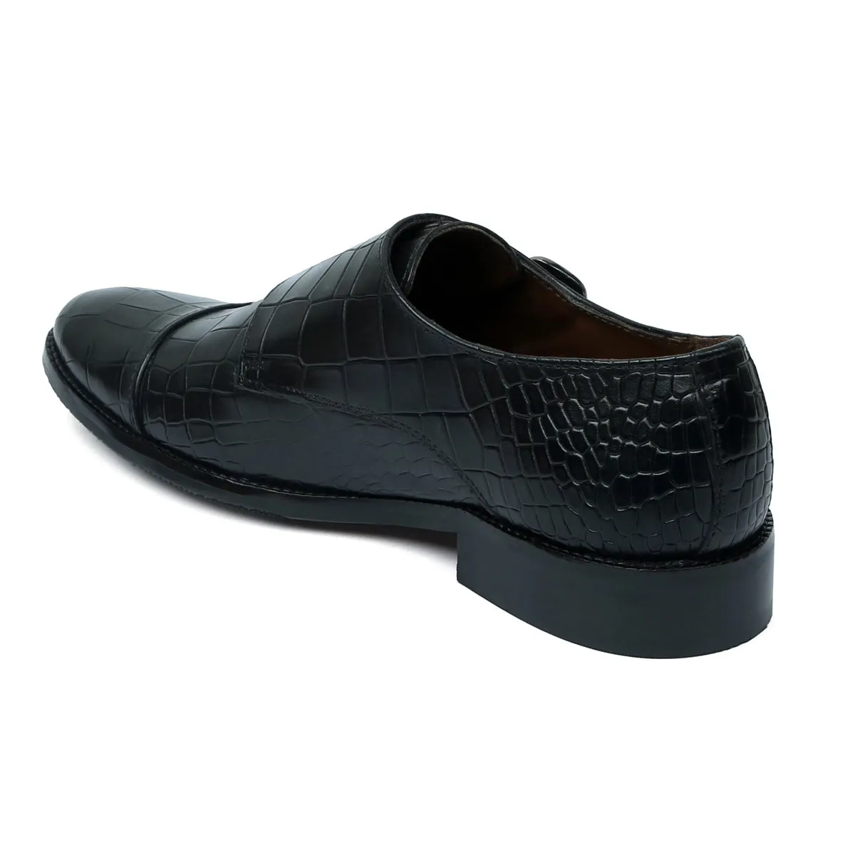 Men's Black Croco Leather Double Monk With Leather Sole Shoes By Brune & Bareskin