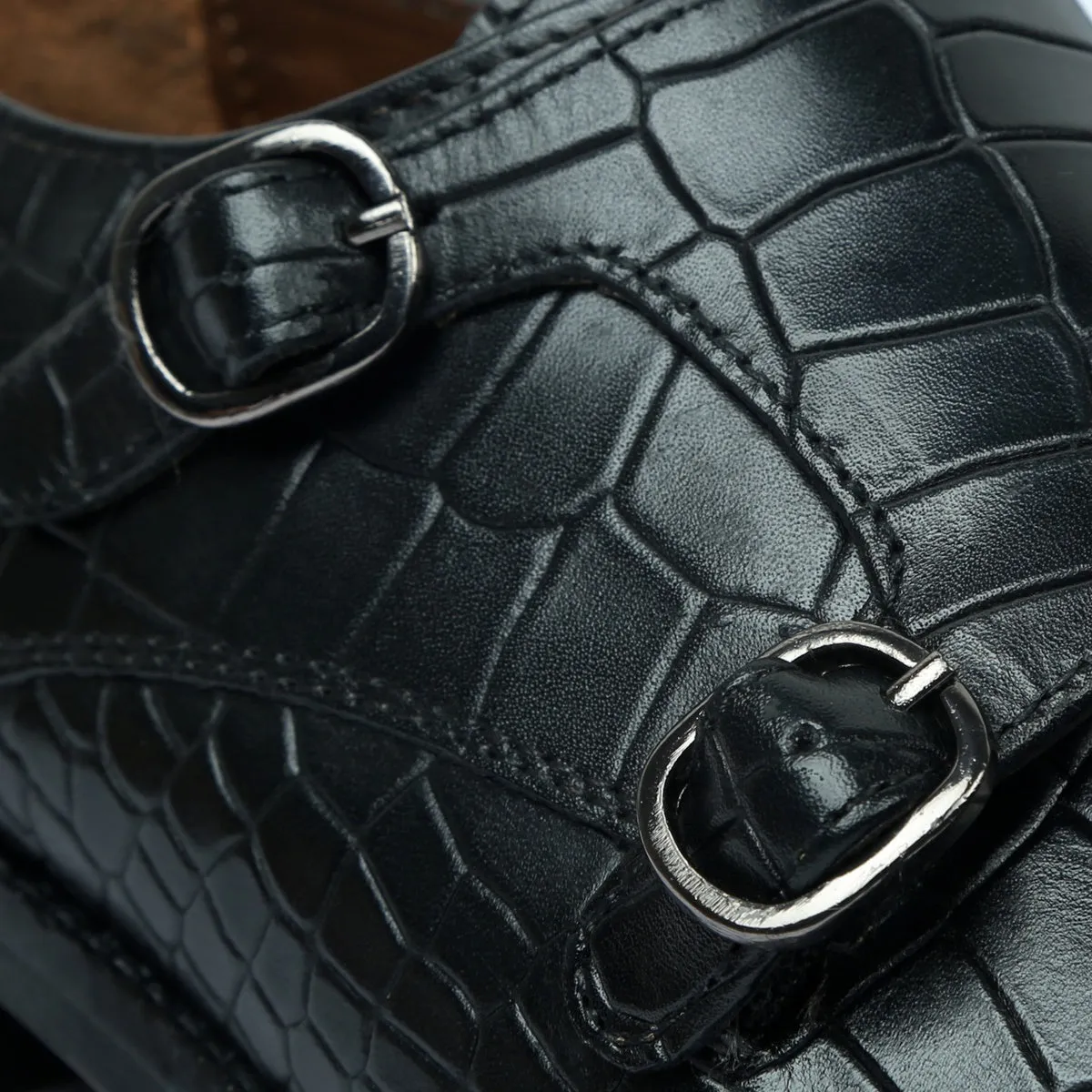 Men's Black Croco Leather Double Monk With Leather Sole Shoes By Brune & Bareskin