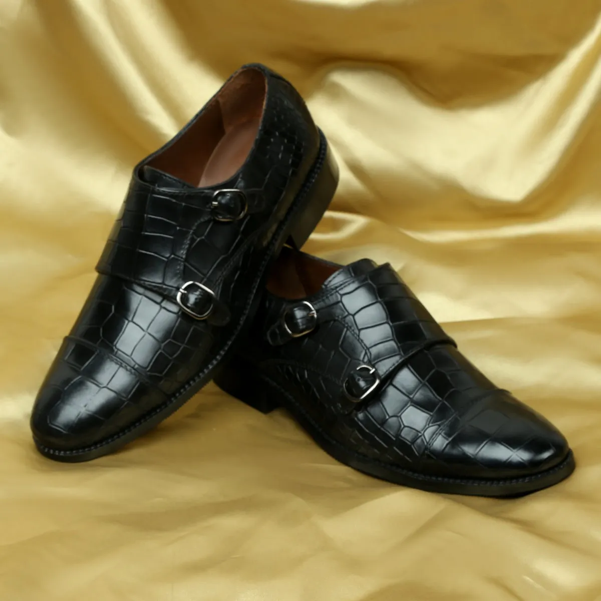 Men's Black Croco Leather Double Monk With Leather Sole Shoes By Brune & Bareskin