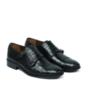 Men's Black Croco Leather Double Monk With Leather Sole Shoes By Brune & Bareskin