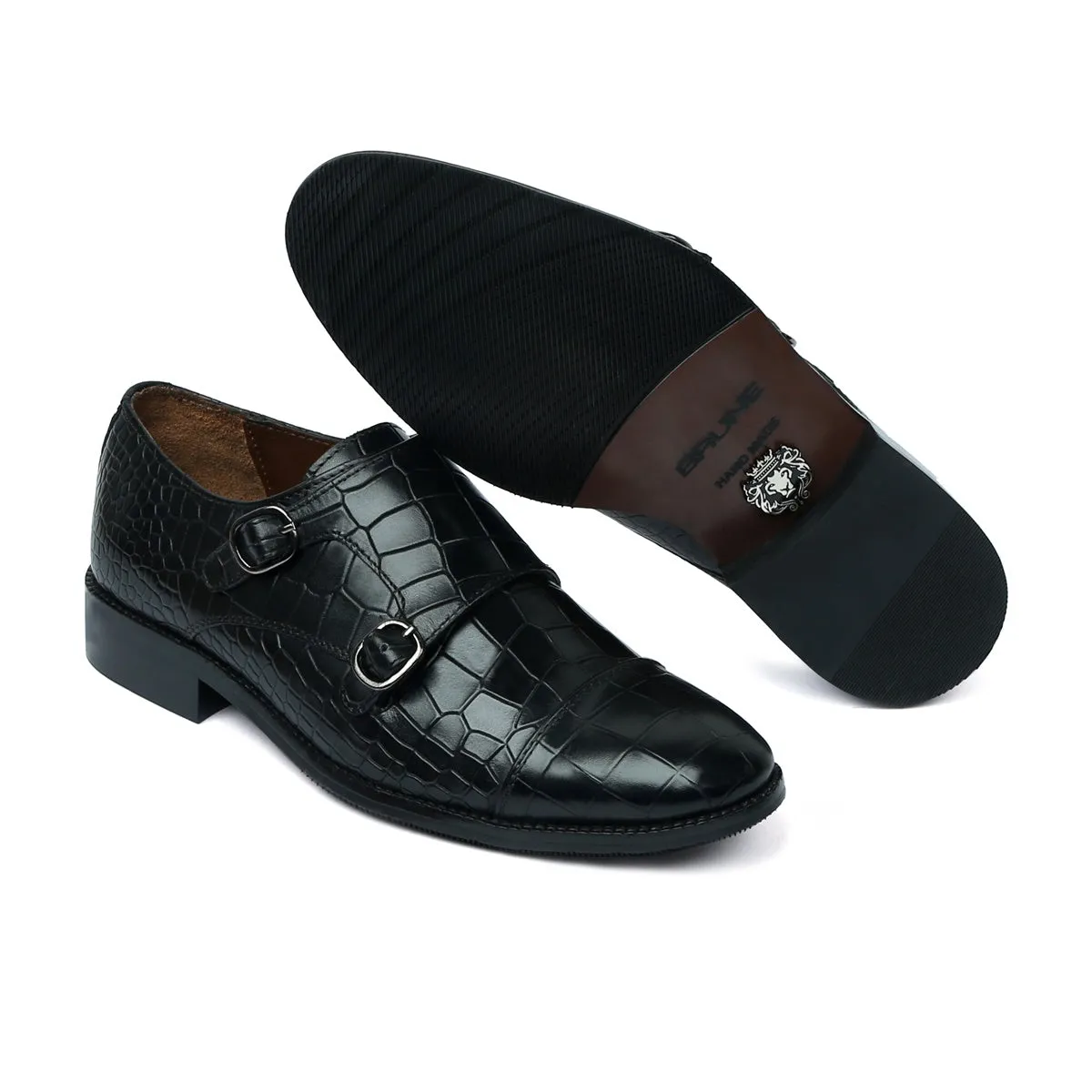 Men's Black Croco Leather Double Monk With Leather Sole Shoes By Brune & Bareskin