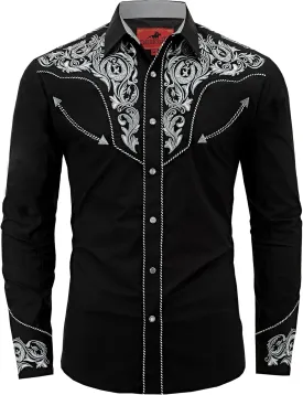 Men's Western Cowboy Shirt Embroidered Long Sleeve Casual Button Down Shirt
