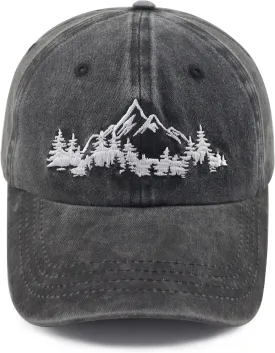Mountain Trees Hat for Men Women, Funny Adjustable Cotton Embroidered Camping Hiking Explore Outdoor Baseball Cap