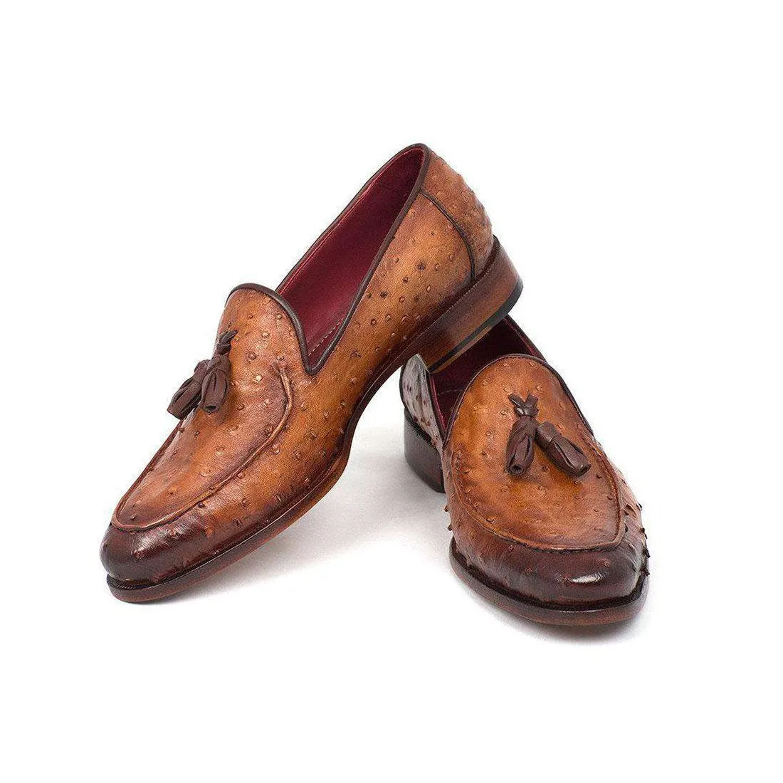 Paul Parkman Handmade Designer Shoes Camel Brown Genuine Ostrich Tassel Loafers (PM5303)