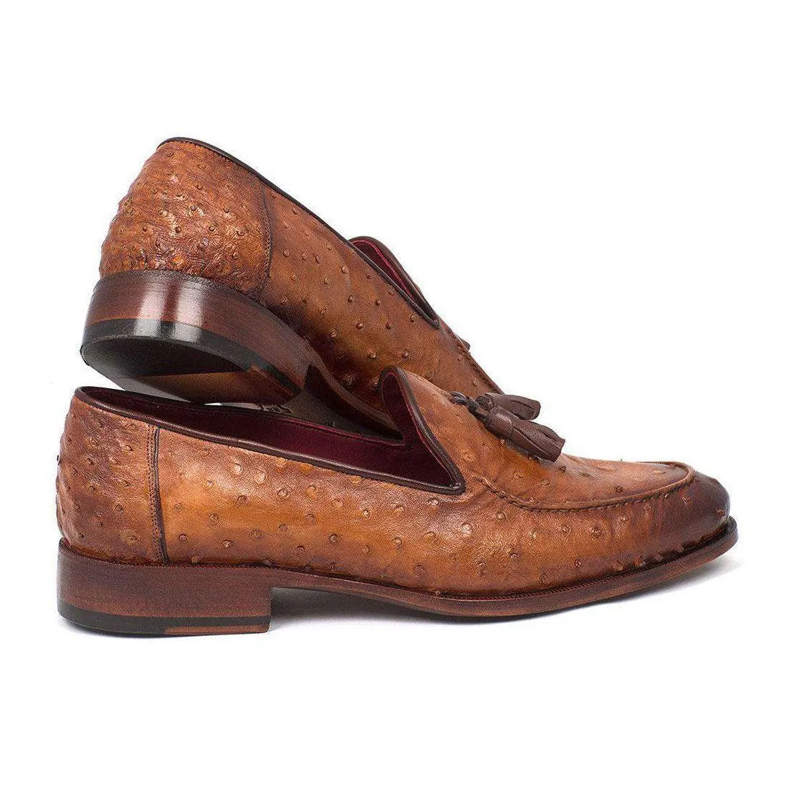Paul Parkman Handmade Designer Shoes Camel Brown Genuine Ostrich Tassel Loafers (PM5303)