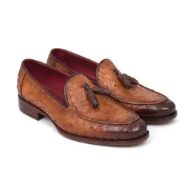 Paul Parkman Handmade Designer Shoes Camel Brown Genuine Ostrich Tassel Loafers (PM5303)