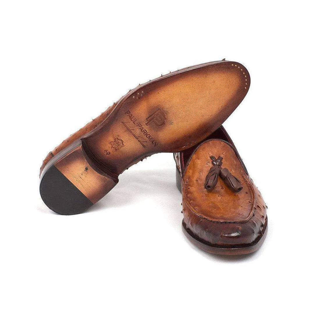 Paul Parkman Handmade Designer Shoes Camel Brown Genuine Ostrich Tassel Loafers (PM5303)