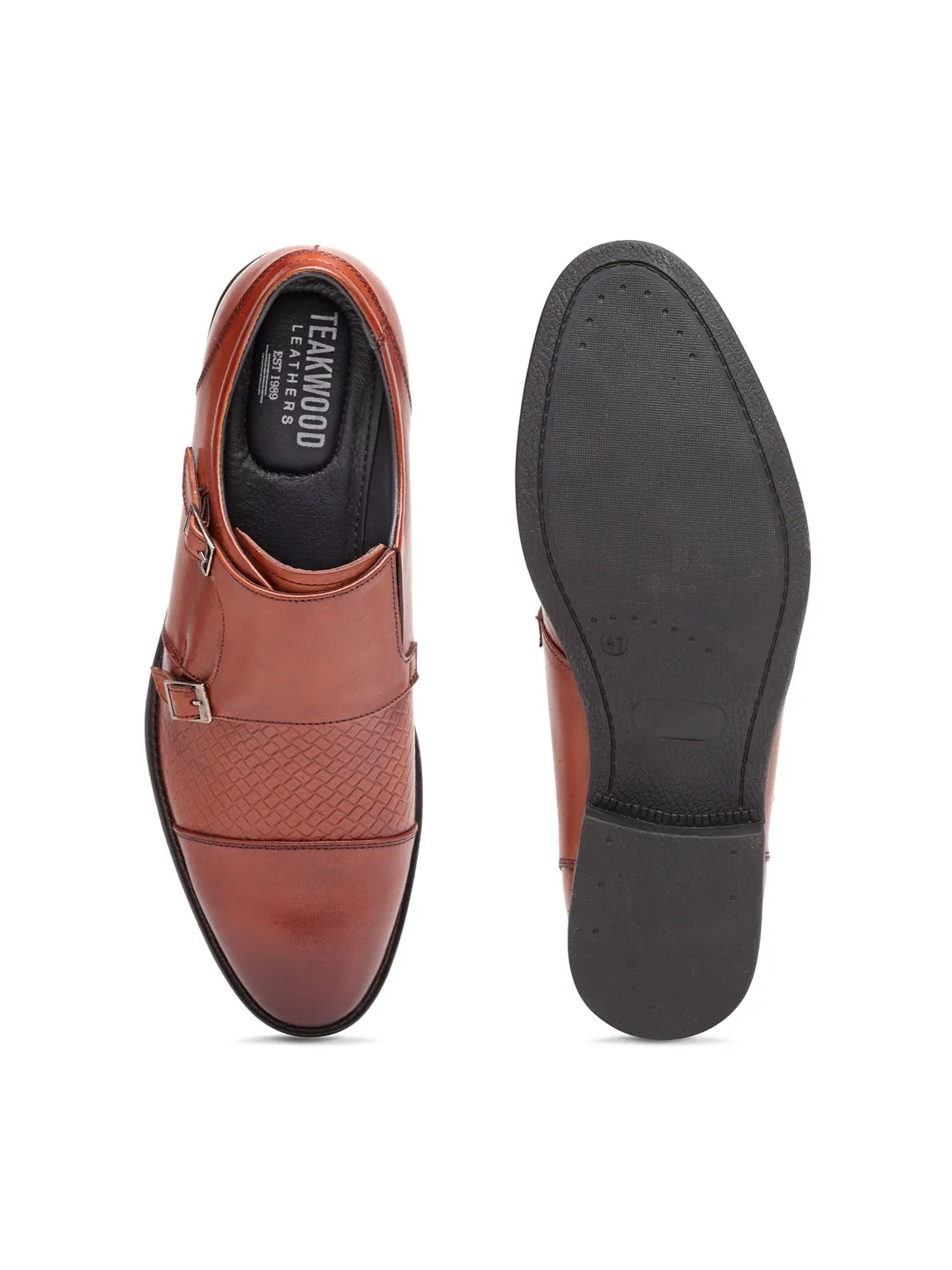 Teakwood Genuine leather Men Brown  Formal Monk Shoes