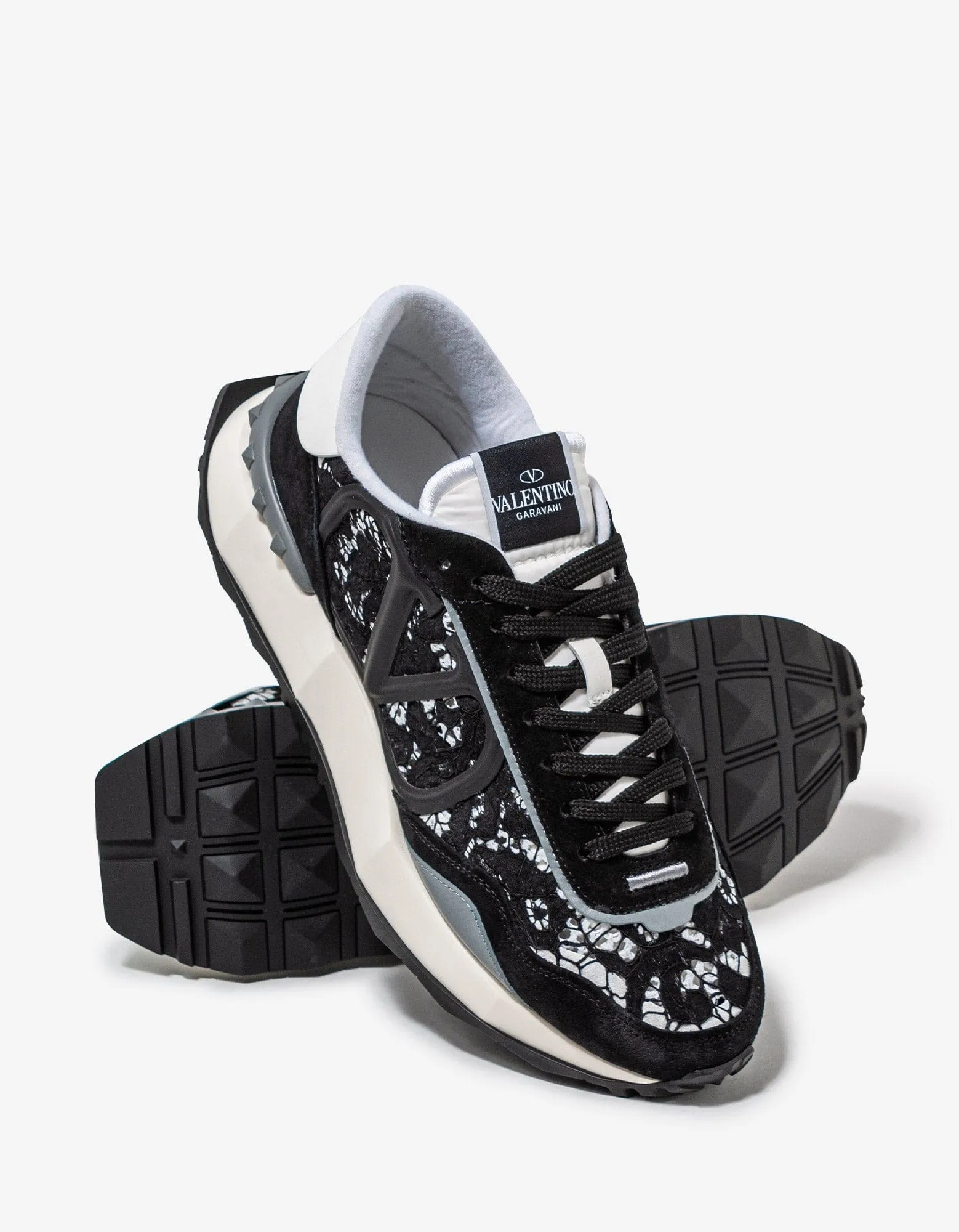 Valentino Garavani Black & Grey Lace & Mesh Lacerunner Trainers