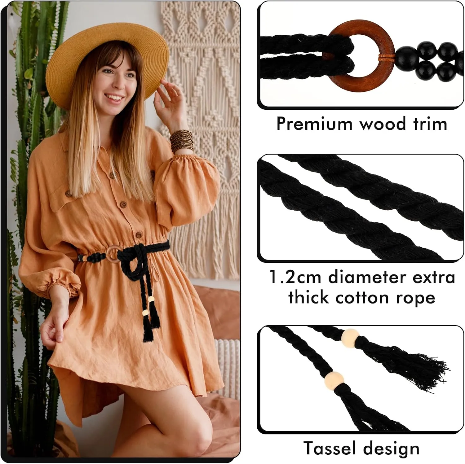 Women's Tassel Braided Waist Belt, Skinny Woven Belt for Dress Waist Belt Rope Chain with Woven Wooden Beads