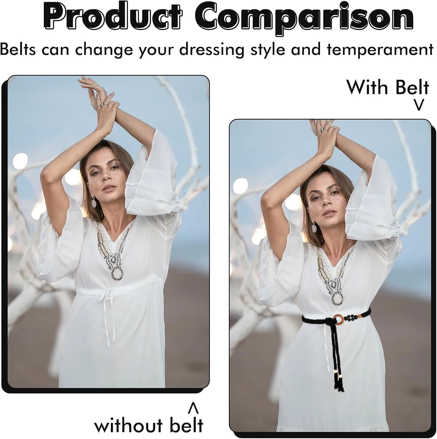 Women's Tassel Braided Waist Belt, Skinny Woven Belt for Dress Waist Belt Rope Chain with Woven Wooden Beads